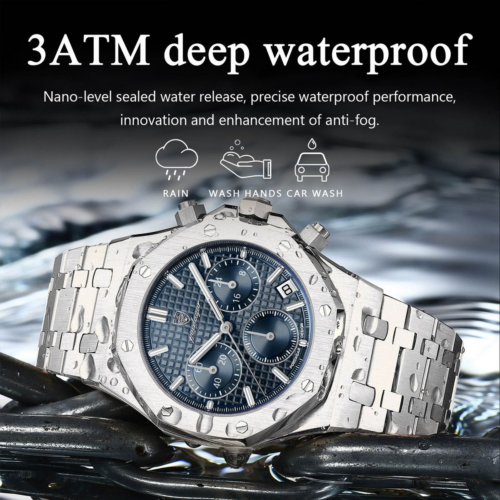 Military Grade Luxury Silver and Blue Chronograph Watch for Men - Image 2