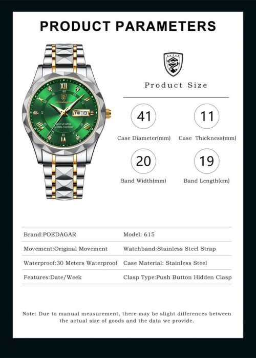 Poedagar Royal Platinum - Emarald Green Luxury Men's Watch - Image 2
